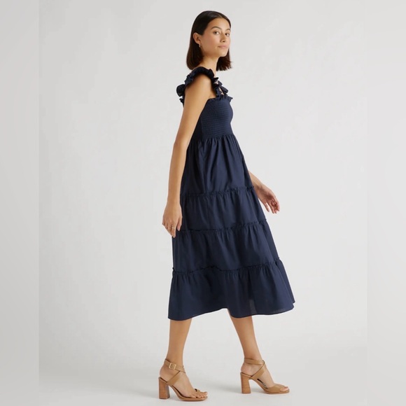 NWT Quince 100% Organic Cotton Poplin Smocked Midi Dress in Navy - Picture 3 of 10